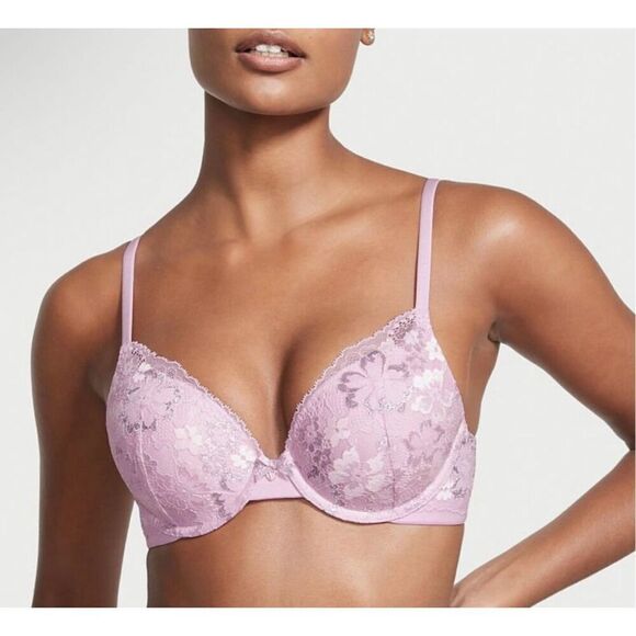 NEW Victoria’s Secret Perfect Shape Push-up Bra 38DD Floral Lace Lilac Purple - Picture 1 of 9